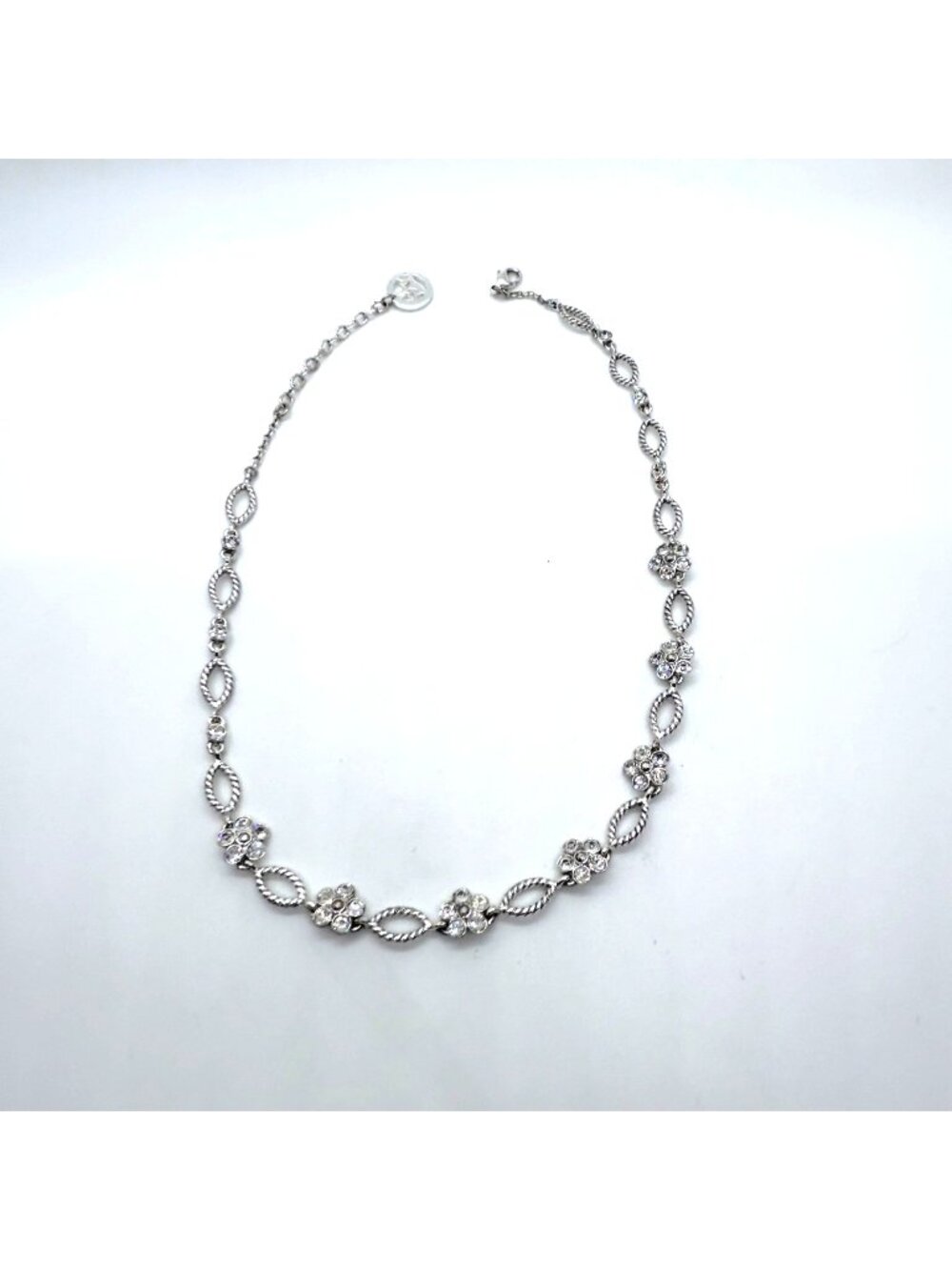 Vintage Crown Trifari  Choker Necklace Silver-Tone Rhinestone Flower Rope 17"